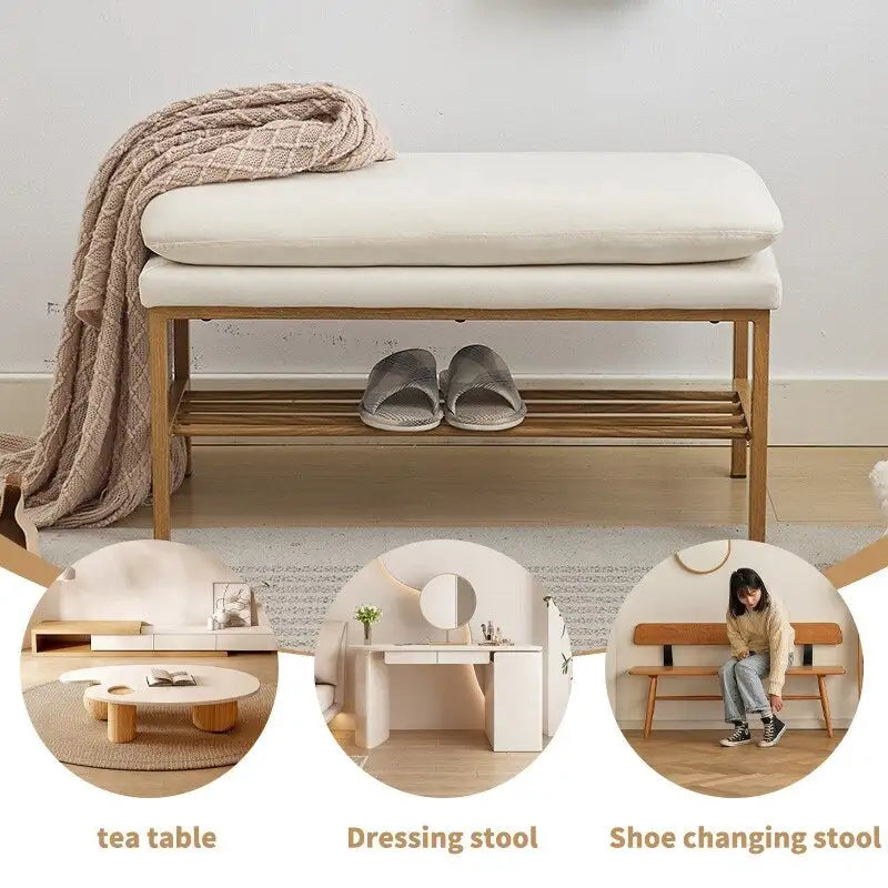 Panca ai piedi del letto con ripiano, panca portascarpe contenitore imbottita in lino, panca per camera da letto con gambe in metallo, 300 LB