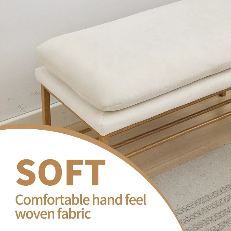 Panca ai piedi del letto con ripiano, panca portascarpe contenitore imbottita in lino, panca per camera da letto con gambe in metallo, 300 LB
