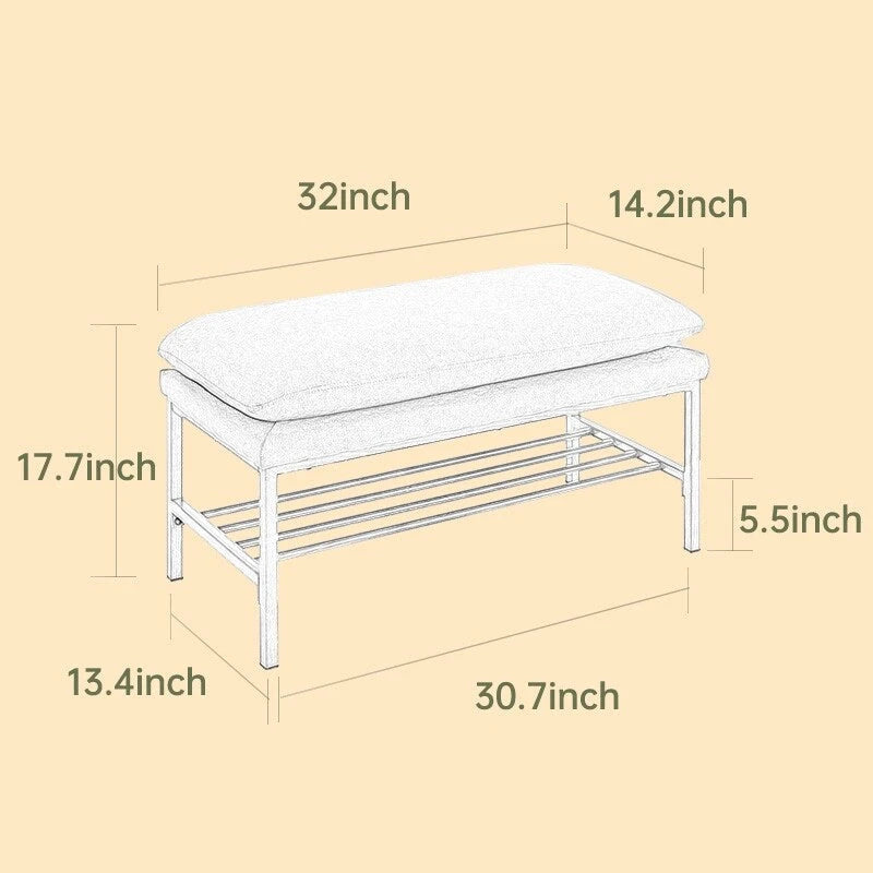 Panca ai piedi del letto con ripiano, panca portascarpe contenitore imbottita in lino, panca per camera da letto con gambe in metallo, 300 LB
