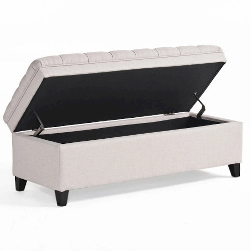 Storage Bench Ottoman, 50 Inch Seat, Button Tufted Gray Fabric