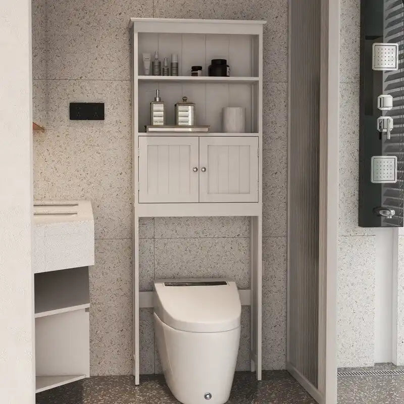 Meuble de rangement au-dessus des toilettes, organiseur de salle de bains avec deux étagères et placard, étagère autoportante en bois à 2 portes pour toilettes