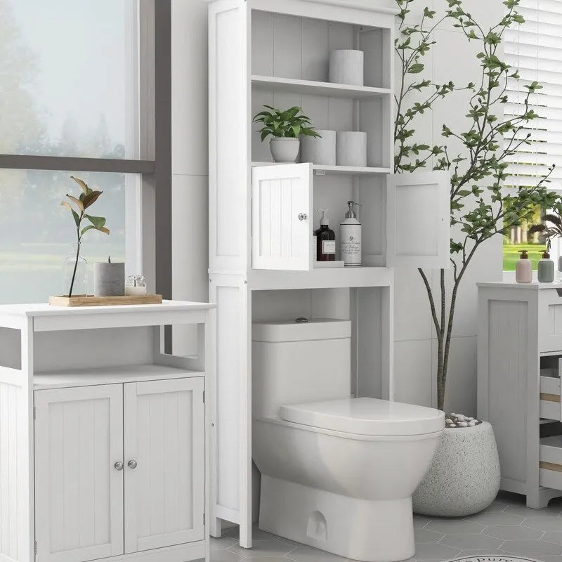 Meuble de rangement au-dessus des toilettes, organiseur de salle de bains avec deux étagères et placard, étagère autoportante en bois à 2 portes pour toilettes