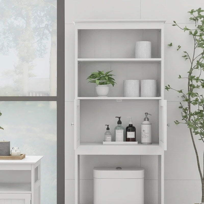 Meuble de rangement au-dessus des toilettes, organiseur de salle de bains avec deux étagères et placard, étagère autoportante en bois à 2 portes pour toilettes