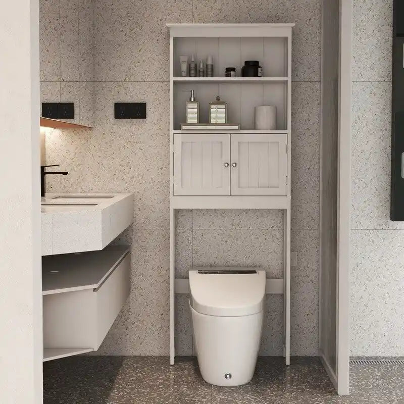 Meuble de rangement au-dessus des toilettes, organiseur de salle de bains avec deux étagères et placard, étagère autoportante en bois à 2 portes pour toilettes