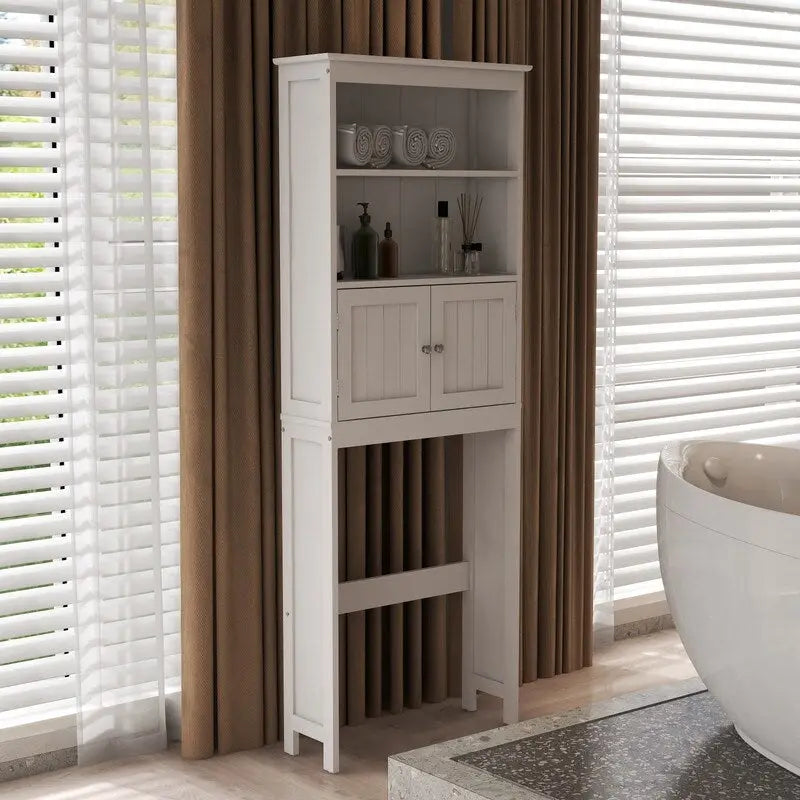 Meuble de rangement au-dessus des toilettes, organiseur de salle de bains avec deux étagères et placard, étagère autoportante en bois à 2 portes pour toilettes
