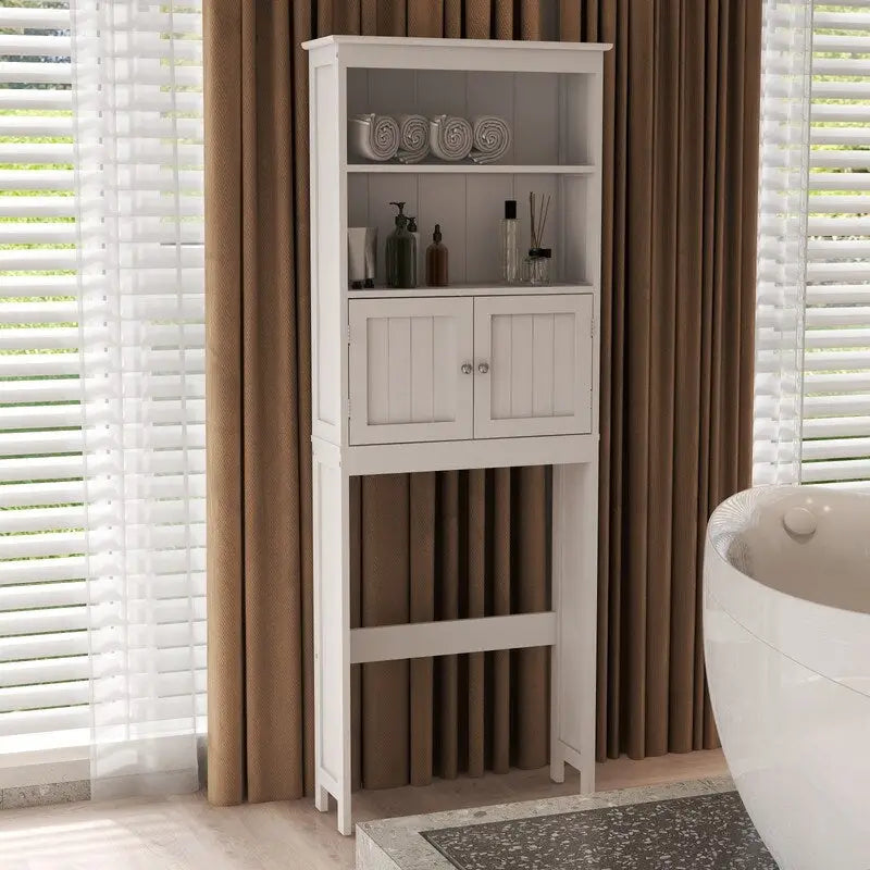 Meuble de rangement au-dessus des toilettes, organiseur de salle de bains avec deux étagères et placard, étagère autoportante en bois à 2 portes pour toilettes