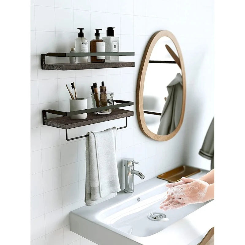 Étagère de salle de bains flottante brun foncé avec porte-serviettes pour salle de bains/salon/cuisine/chambre (lot de 2)